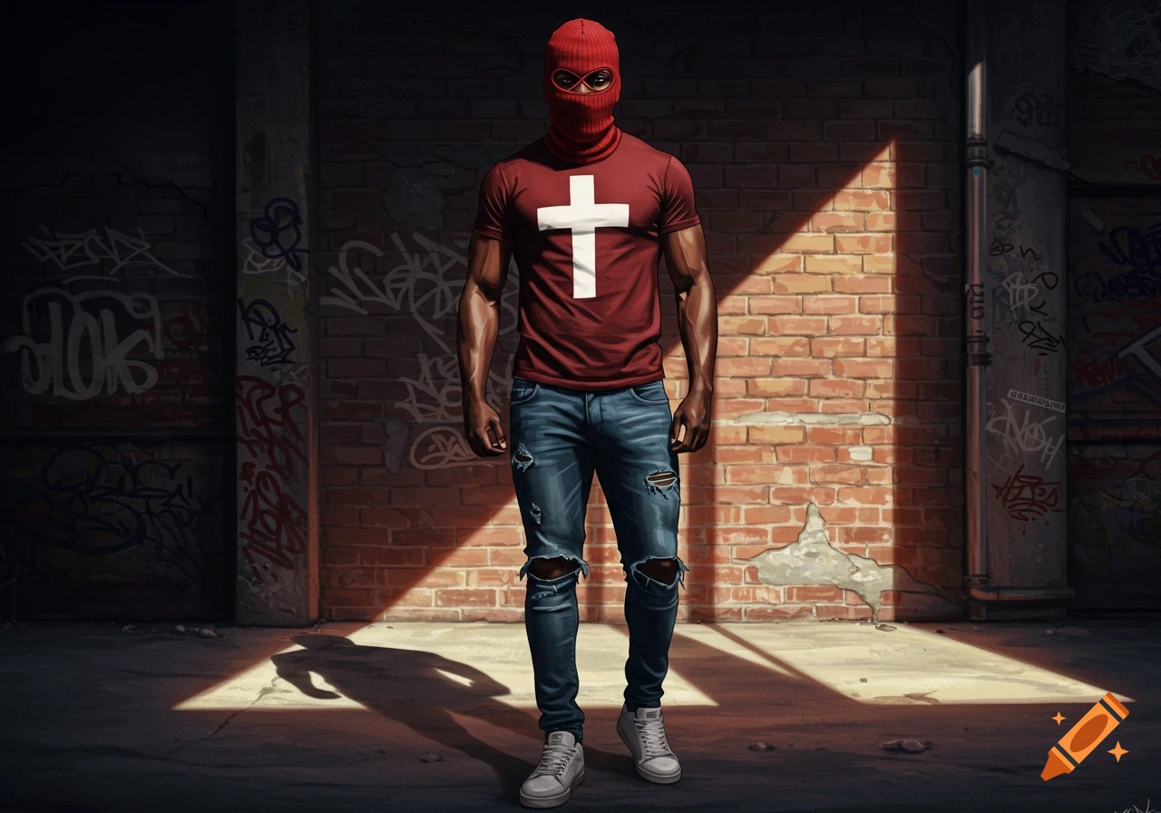A muscular man in a red balaclava, red shirt with a white cross, ripped skinny jeans, and white sneakers stands in a graffiti-covered alley, illuminated by a diagonal ray of light.