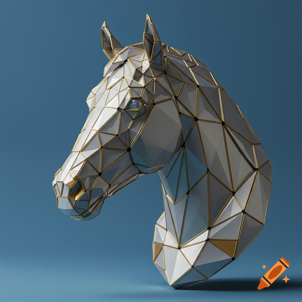 A white and gold geometric horse head sculpture against a plain teal-blue background.