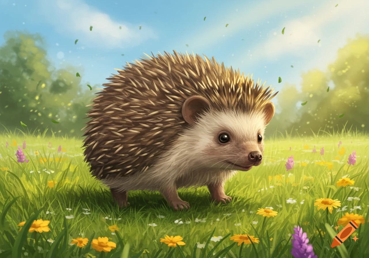 A cute illustrated hedgehog with spines stands in a vibrant green field with colorful wildflowers under a bright blue sky with falling leaves.