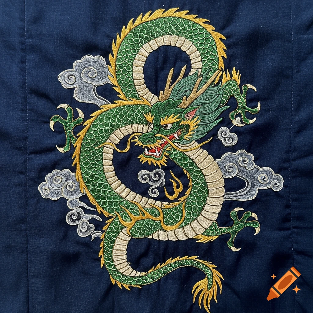 An intricate green and gold embroidered dragon with red eyes and white scales on a dark blue fabric, surrounded by grey clouds.