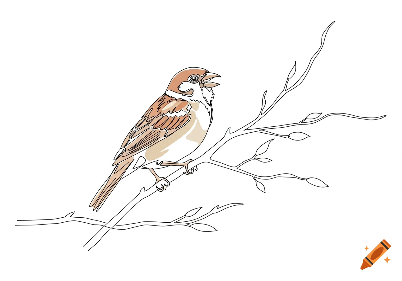 A continuous line drawing of a small brown and white bird with its beak open, perched on a tree branch with budding leaves.