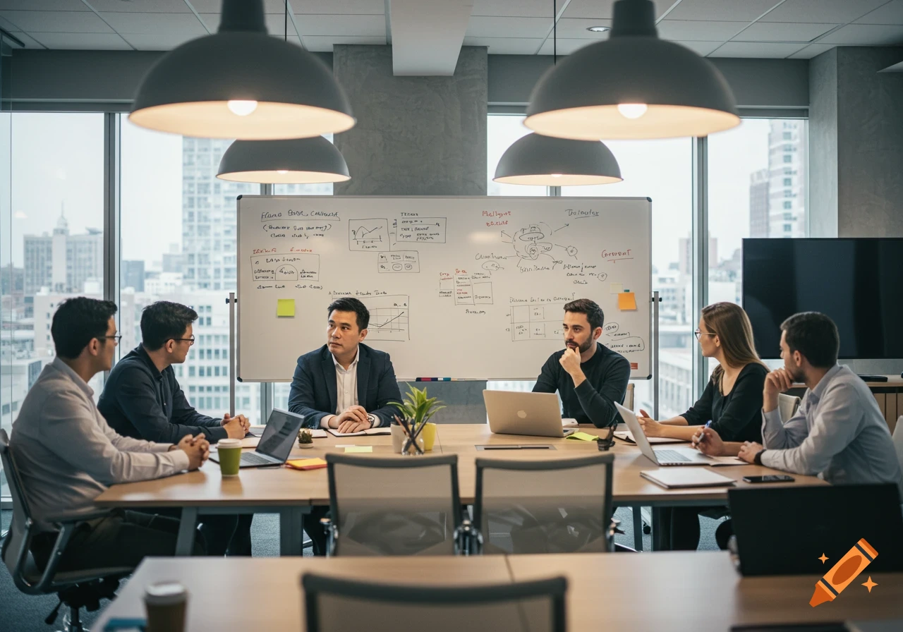 Professionals in a modern office meeting, gathered around a table with a whiteboard of notes in the background.