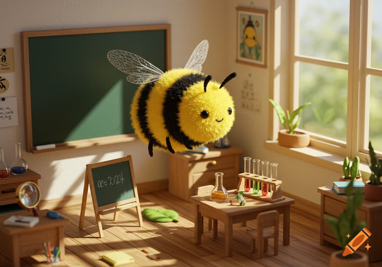 A cute, fluffy cartoon bee floats in a miniature classroom with science equipment and a blackboard, in a whimsical 3D style.