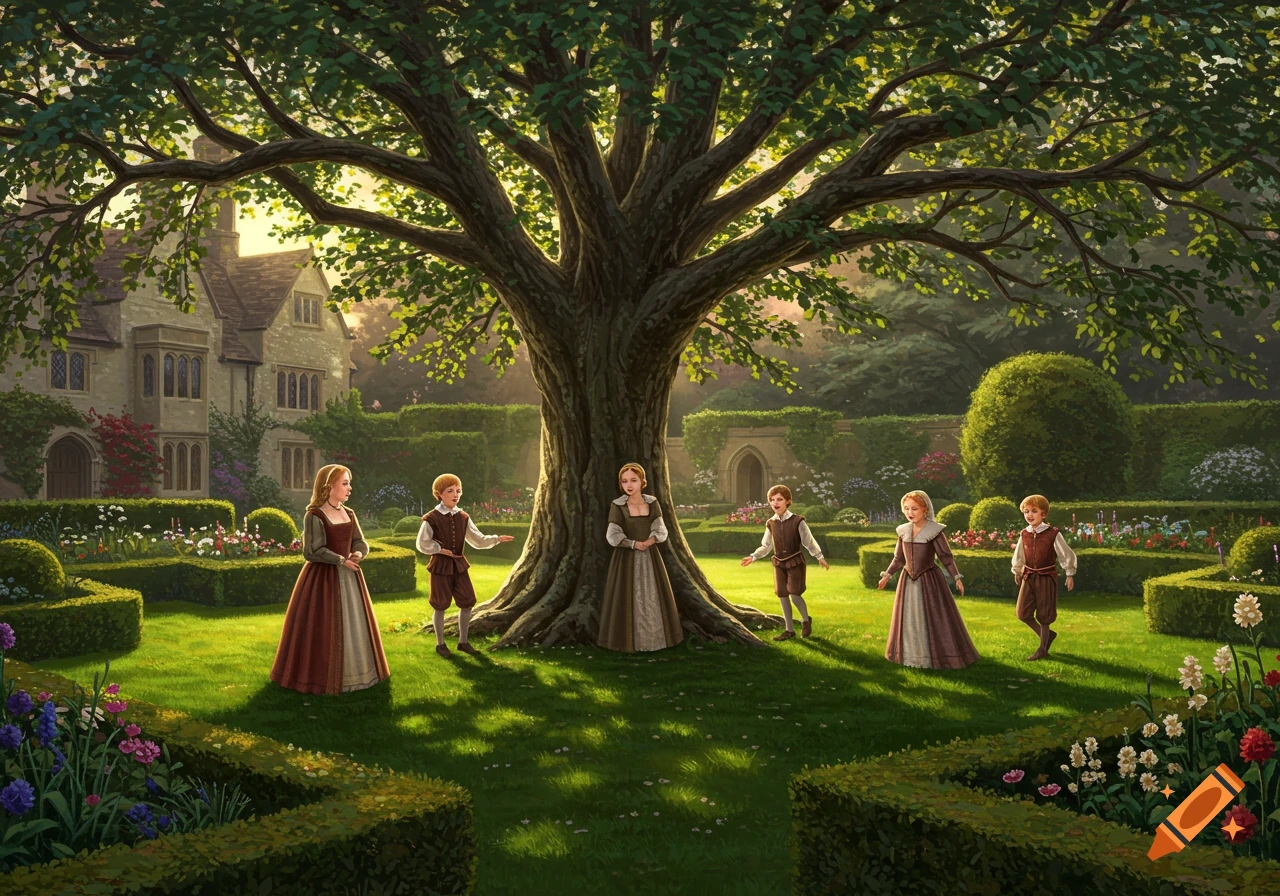 Children in Tudor-era clothing stand and walk in a lush formal garden with a large manor house in the background.