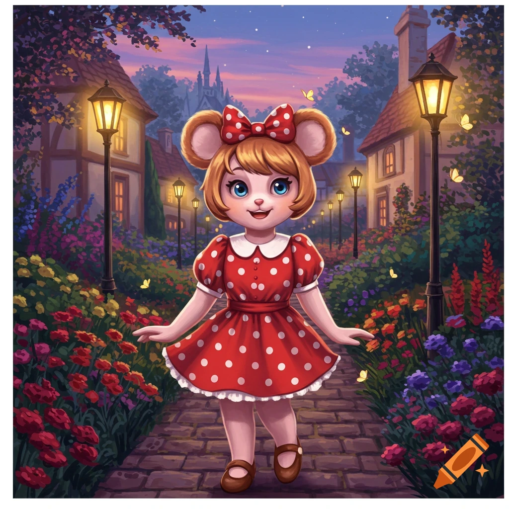 A cartoon mouse-girl in a red polka-dot dress walks on a stone path through a vibrant flower garden at dusk, with houses and a castle.