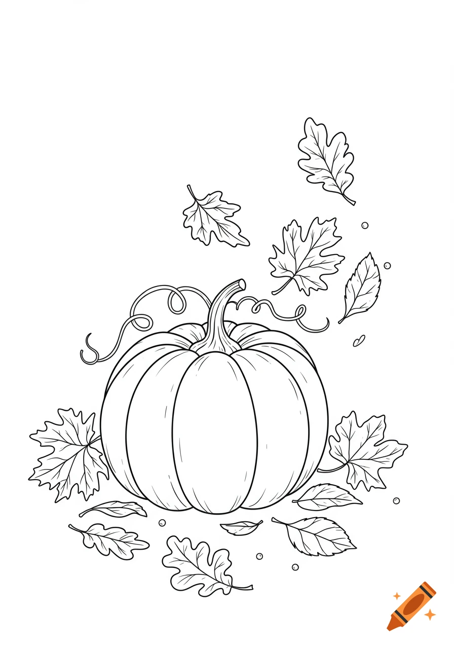 Line art illustration of a pumpkin surrounded by falling autumn leaves, in a simple coloring book style.