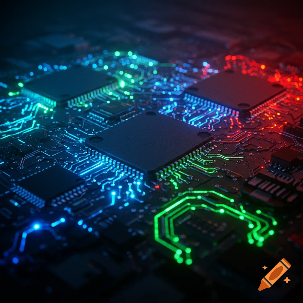 Close-up of a vibrant computer circuit board with glowing blue, green, and red pathways connecting chips.