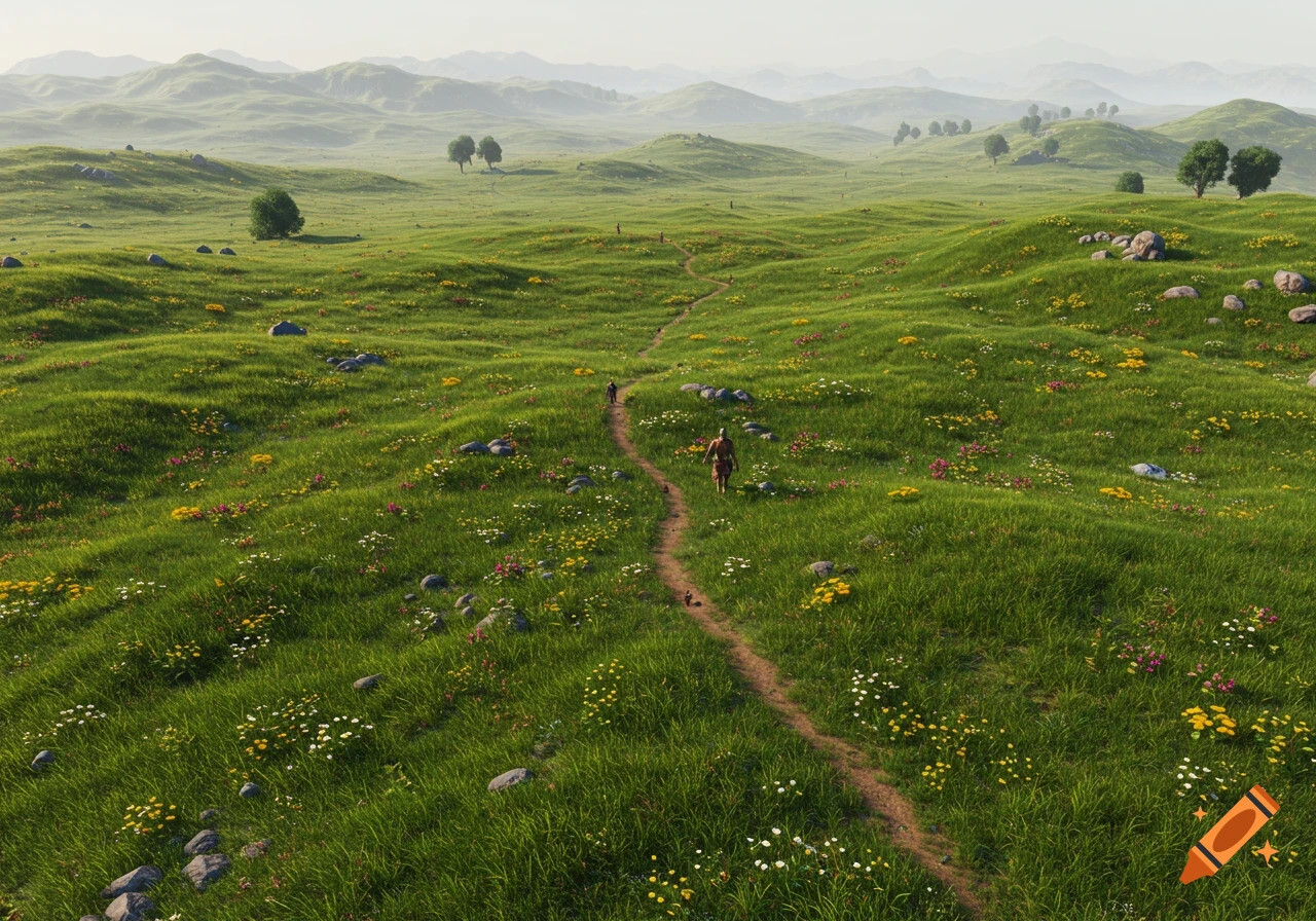 A photorealistic vast green fantasy landscape with rolling hills, scattered trees, wildflowers, and a path with two distant figures.