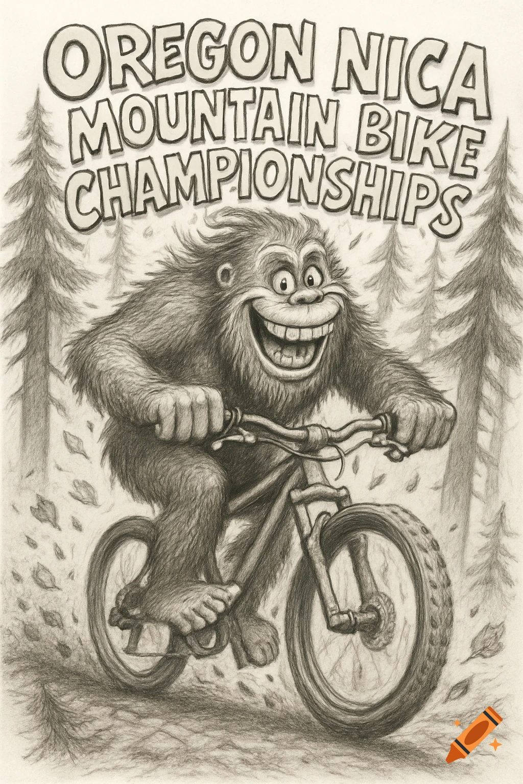 A happy, cartoon Sasquatch rides a mountain bike through a forest, drawn in pencil style, with 'Oregon NICA Mountain Bike Championships' text.