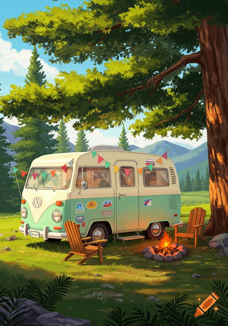 A stylized illustration of a vintage green and white campervan parked in a lush forest clearing with a campfire and two wooden chairs under a large tree.
