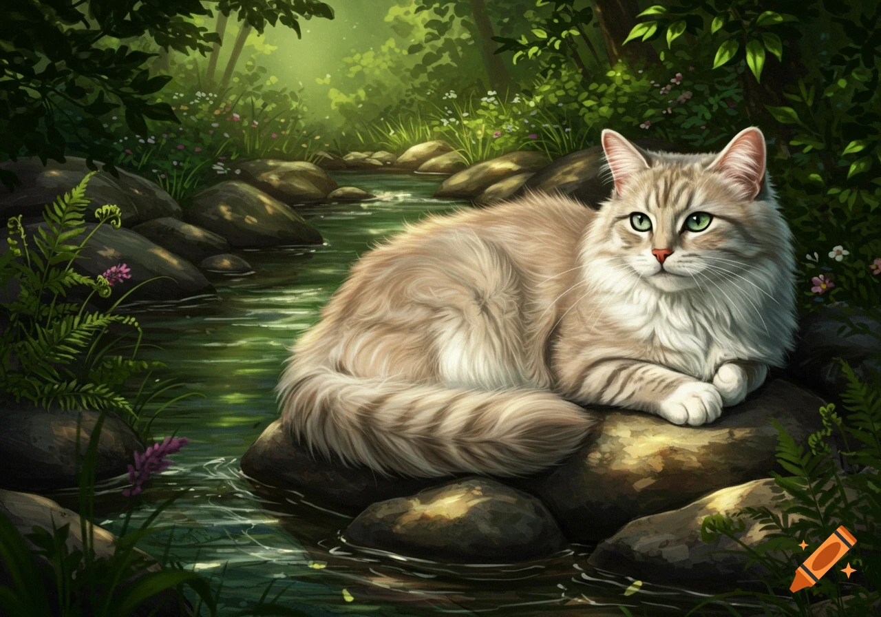 A fluffy pale silver tabby cat with green eyes lies on a rock in a lush green forest stream with sunlight filtering through the trees.