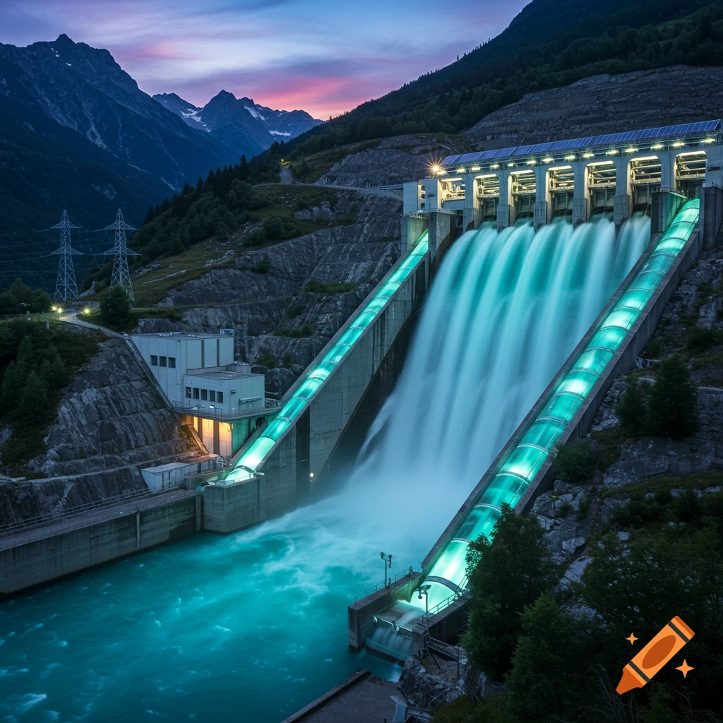 A modern hydroelectric power plant with turquoise water flowing down illuminated chutes, set against mountains at twilight.