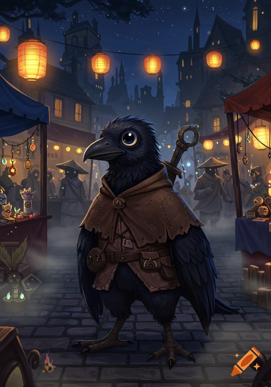 A cute crow-like creature in a cloak stands in a bustling fantasy night market under glowing lanterns.