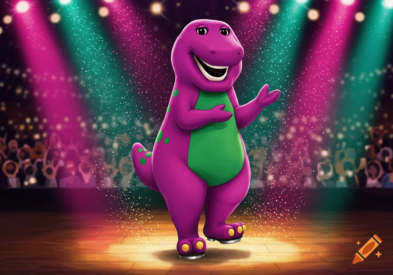 Barney the purple dinosaur tap dancing on a spotlighted stage with an audience in the background.