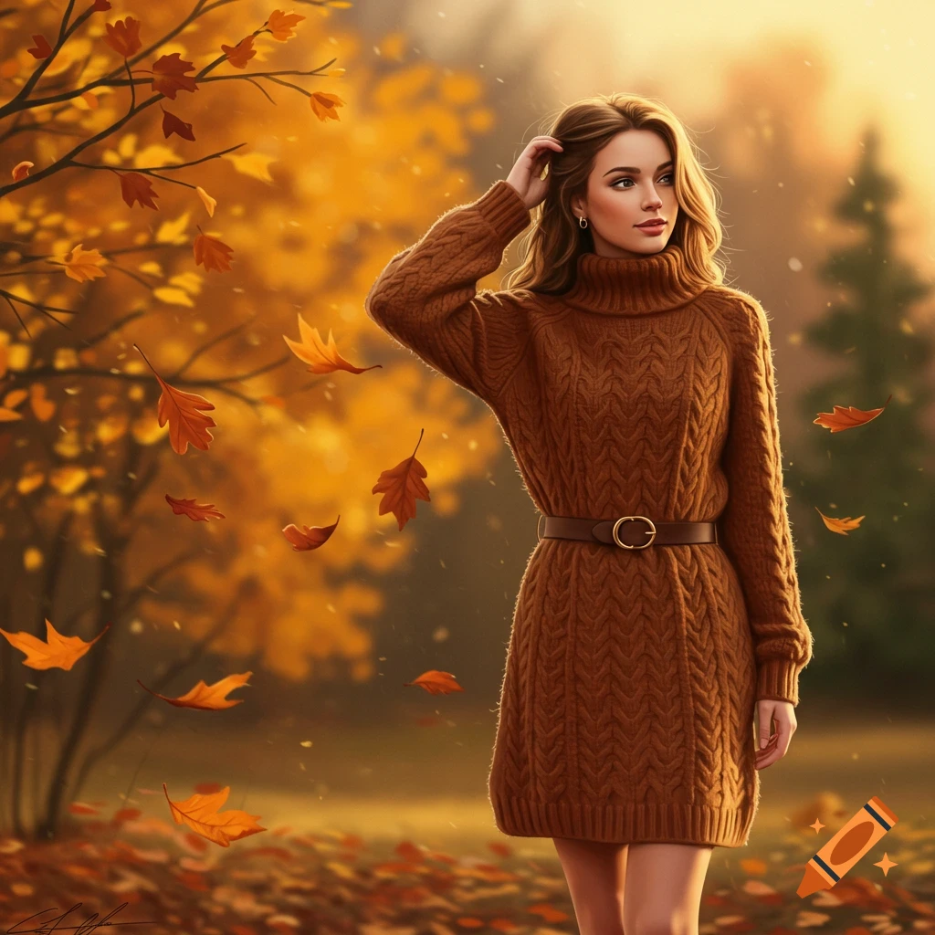 A woman in a brown knitted turtleneck dress stands in a vibrant autumn forest with falling golden leaves and warm sunlight.