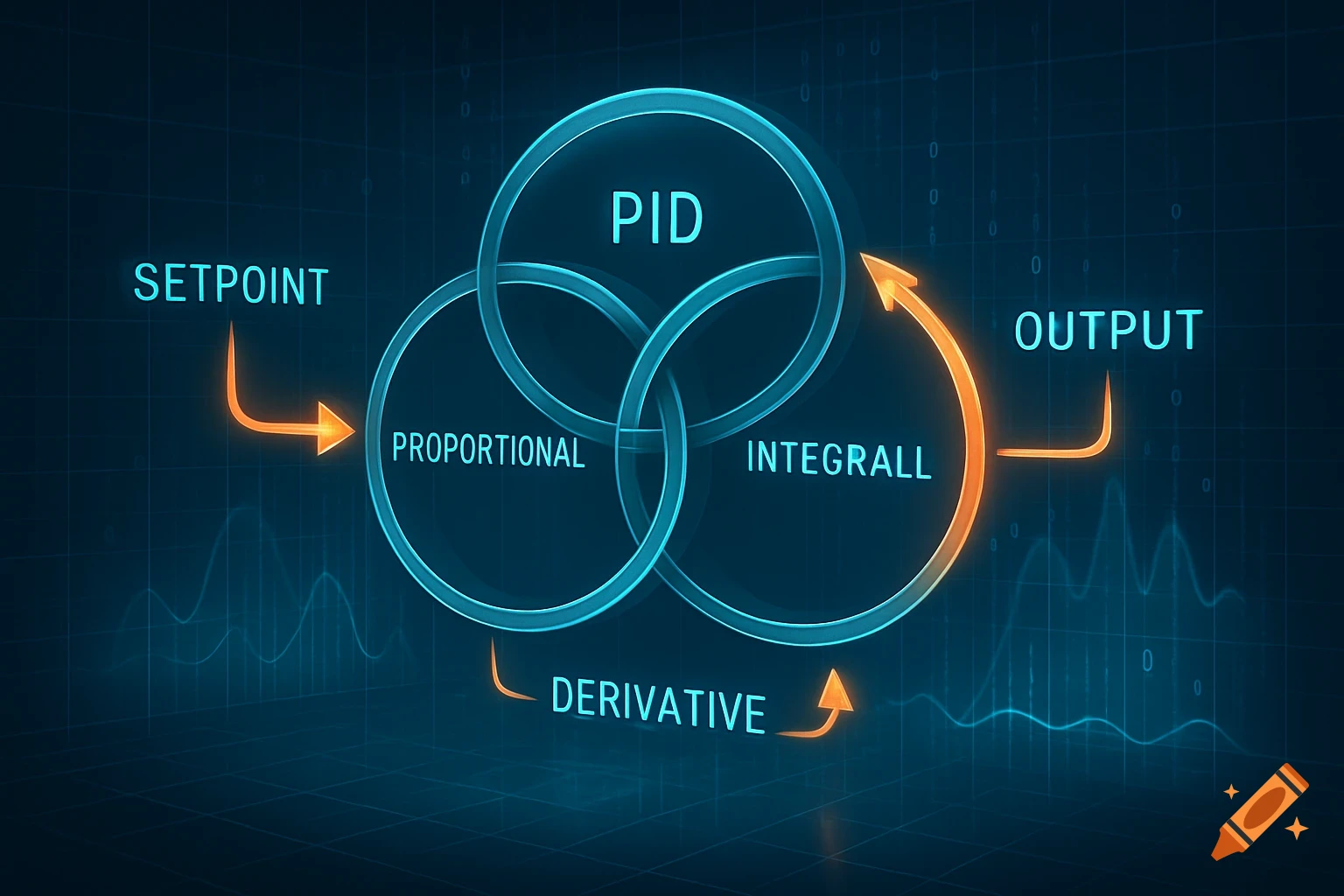 Diagram of a PID feedback system illustrating proportional, integral, and derivative components with setpoint and output.