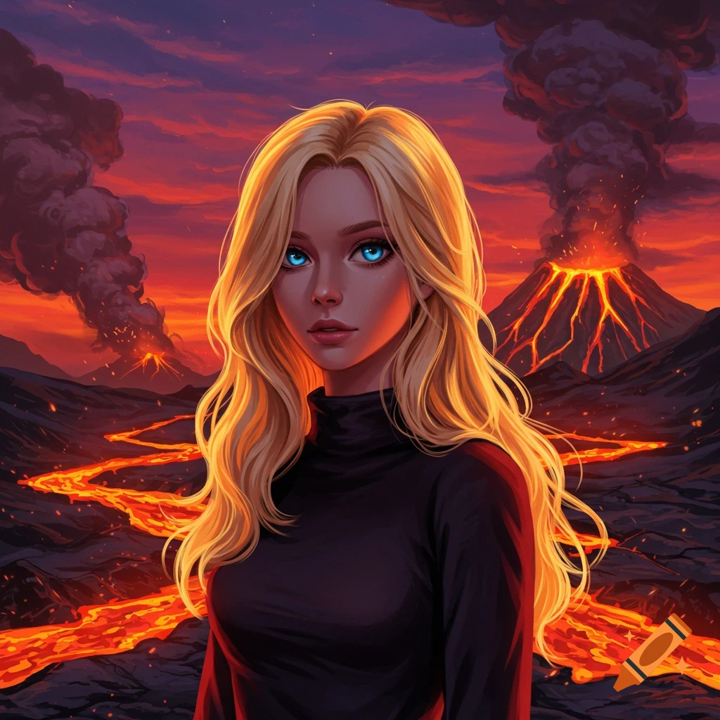Anime-style portrait of a blonde woman with glowing blue eyes, set against an erupting volcanic landscape with molten lava.