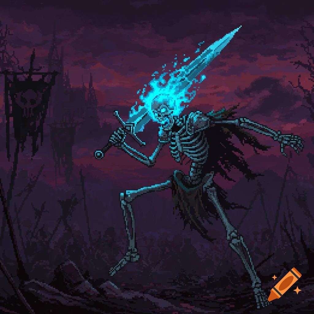 A pixel art skeleton warrior with a flaming blue head swings a glowing blue sword. Dark castle in the background.