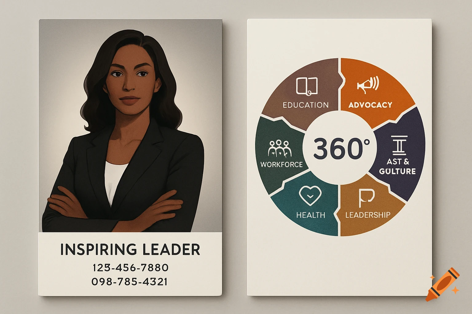 A stylized business card showing a professional woman on one side and a 360-degree infographic on the other.