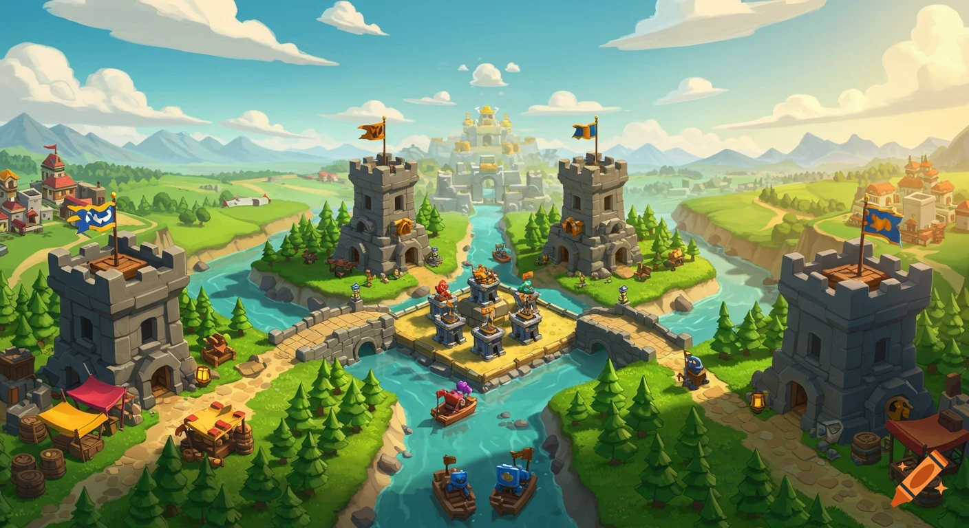 Aerial view of a vibrant cartoon fantasy landscape with castles, a winding river, bridges, and a central village, resembling a game map.
