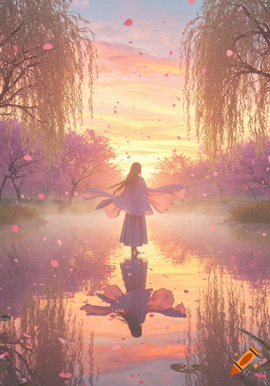 A woman in a flowing dress stands in a misty, pink-hued lake at sunrise with falling cherry blossoms and willow trees.