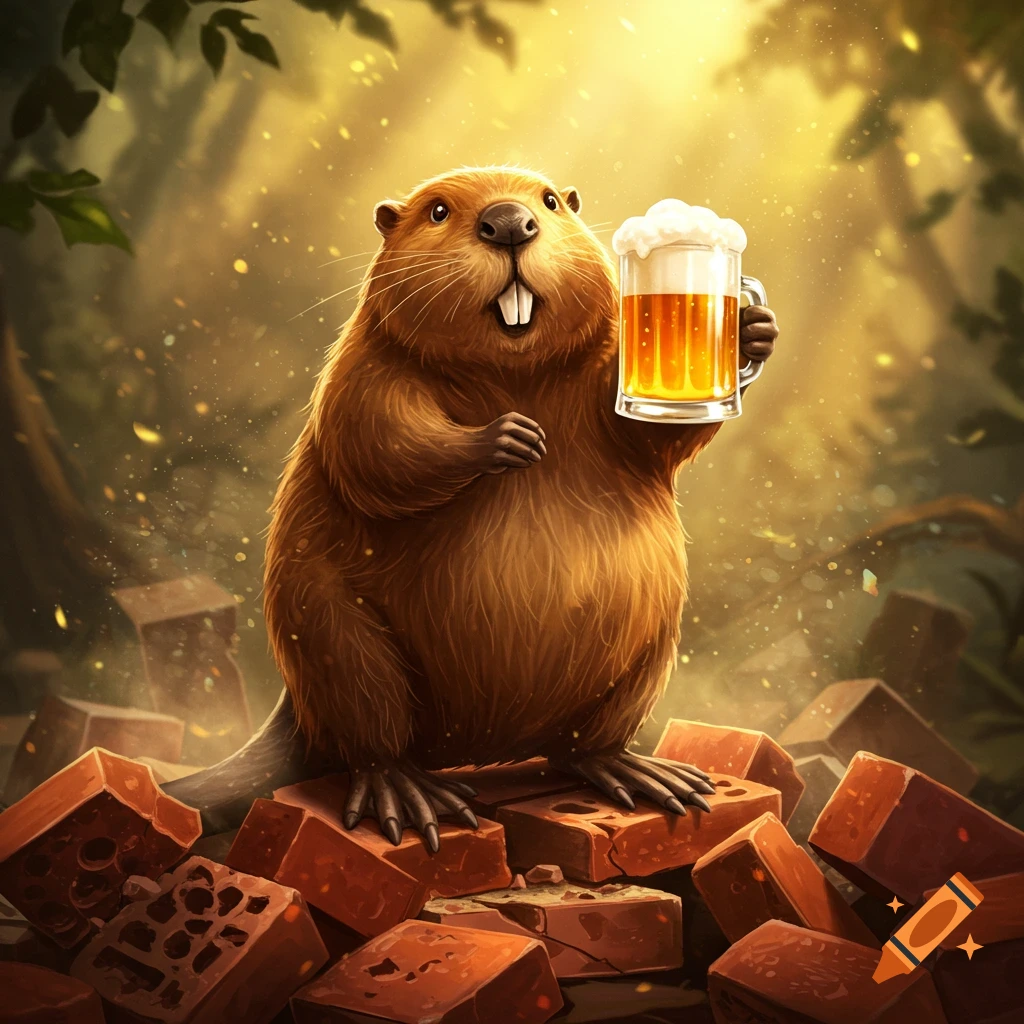 An illustrated beaver stands on a pile of broken bricks in a sunlit forest, holding a mug of frothy beer.