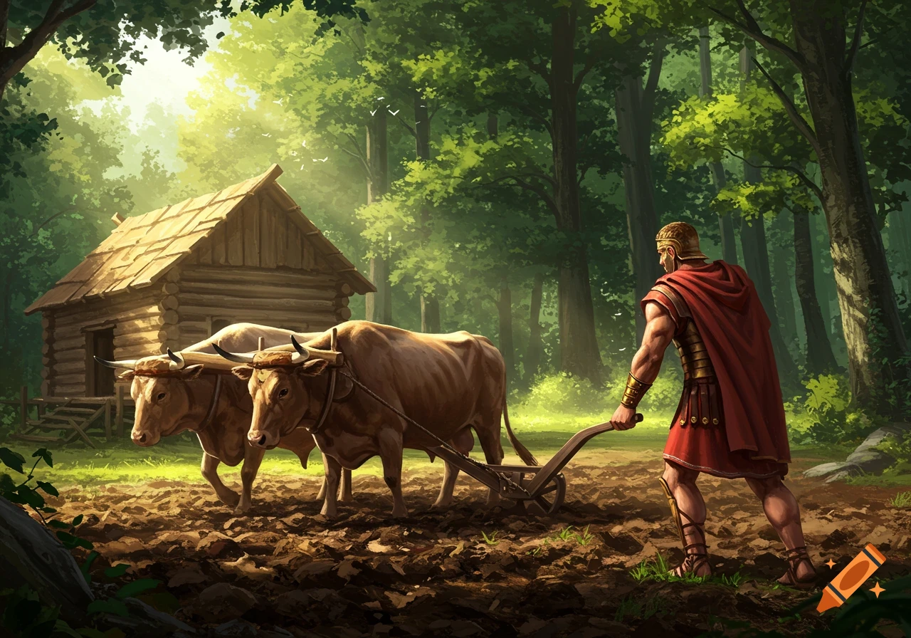 A Roman warrior guides two oxen pulling a plow through sunlit forest soil near a wooden cabin, in a detailed illustration.