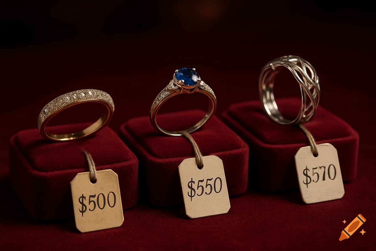 Three rings, a gold diamond band, a gold sapphire ring, and a silver braided ring, displayed on red velvet with price tags.