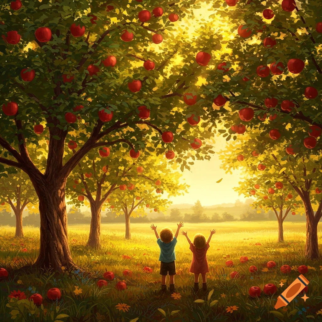 Two children with arms raised stand in a sunlit apple orchard, digitally painted.