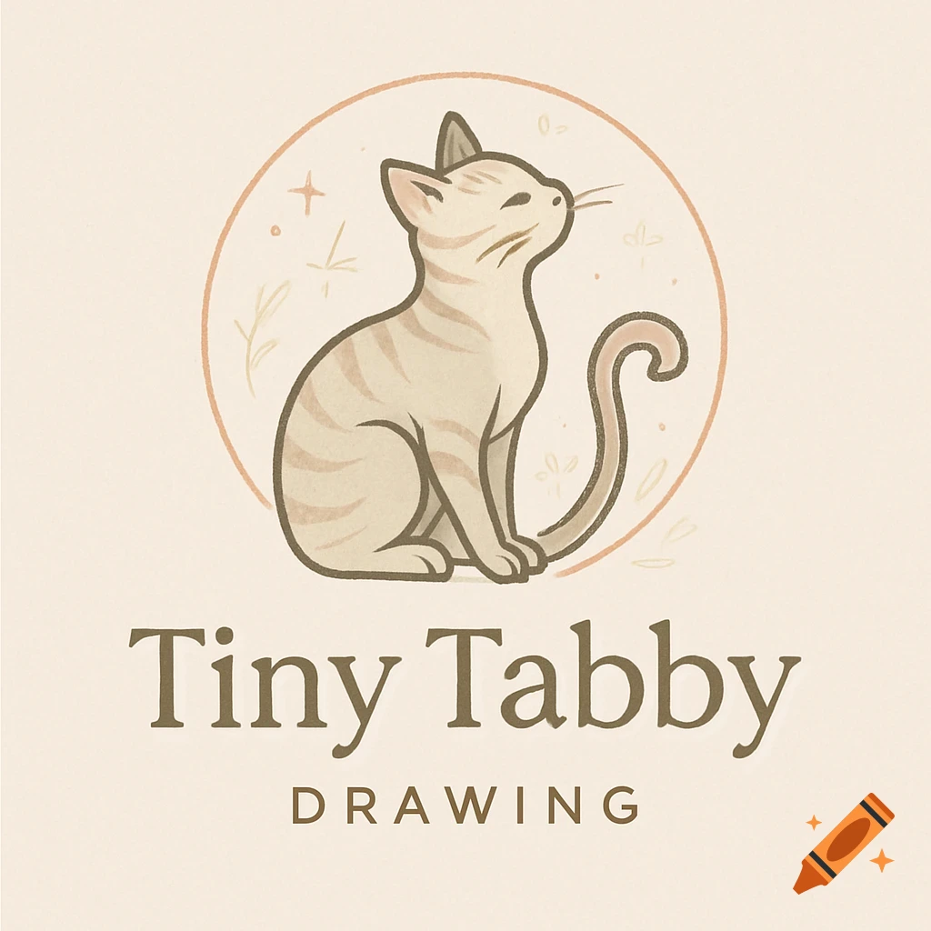 Logo featuring a seated tabby cat in an orange circle, with 'Tiny Tabby' and 'DRAWING' text below. Illustrated style.