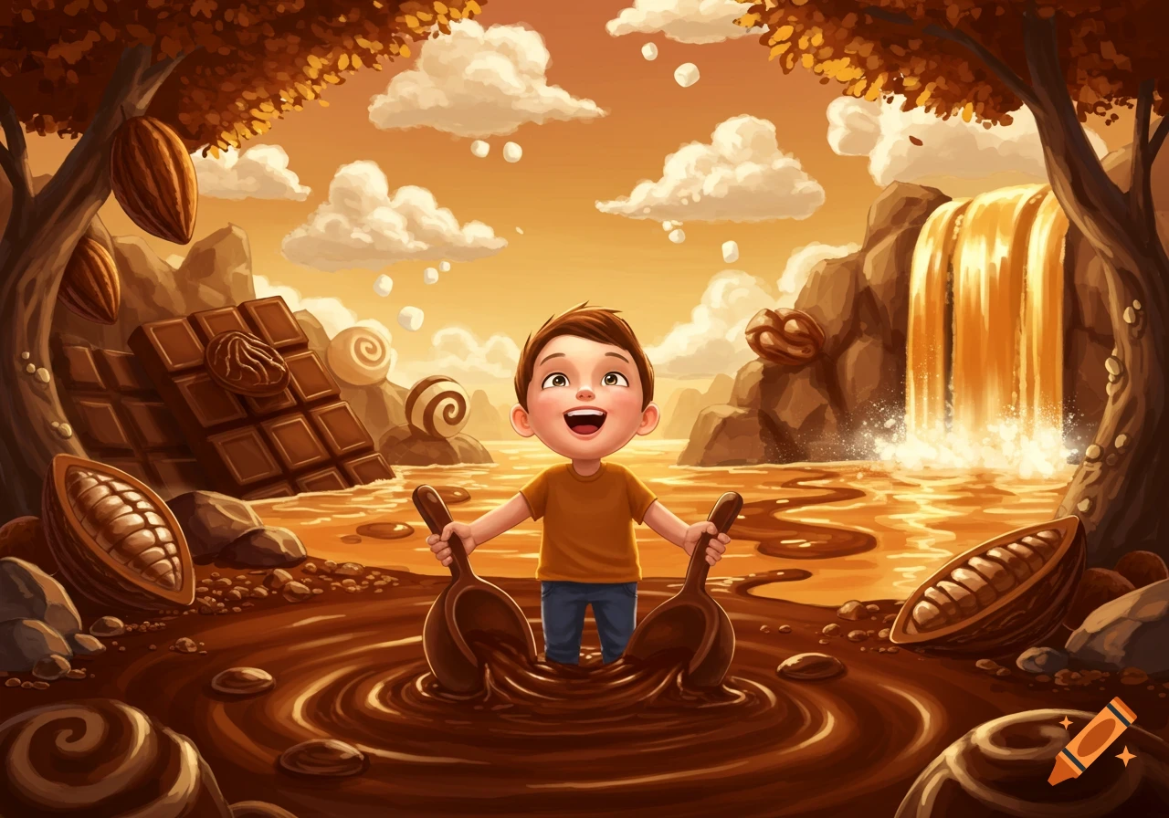 A happy cartoon child plays in a chocolate river on a fantasy island with chocolate bars, cacao pods, and a chocolate waterfall.