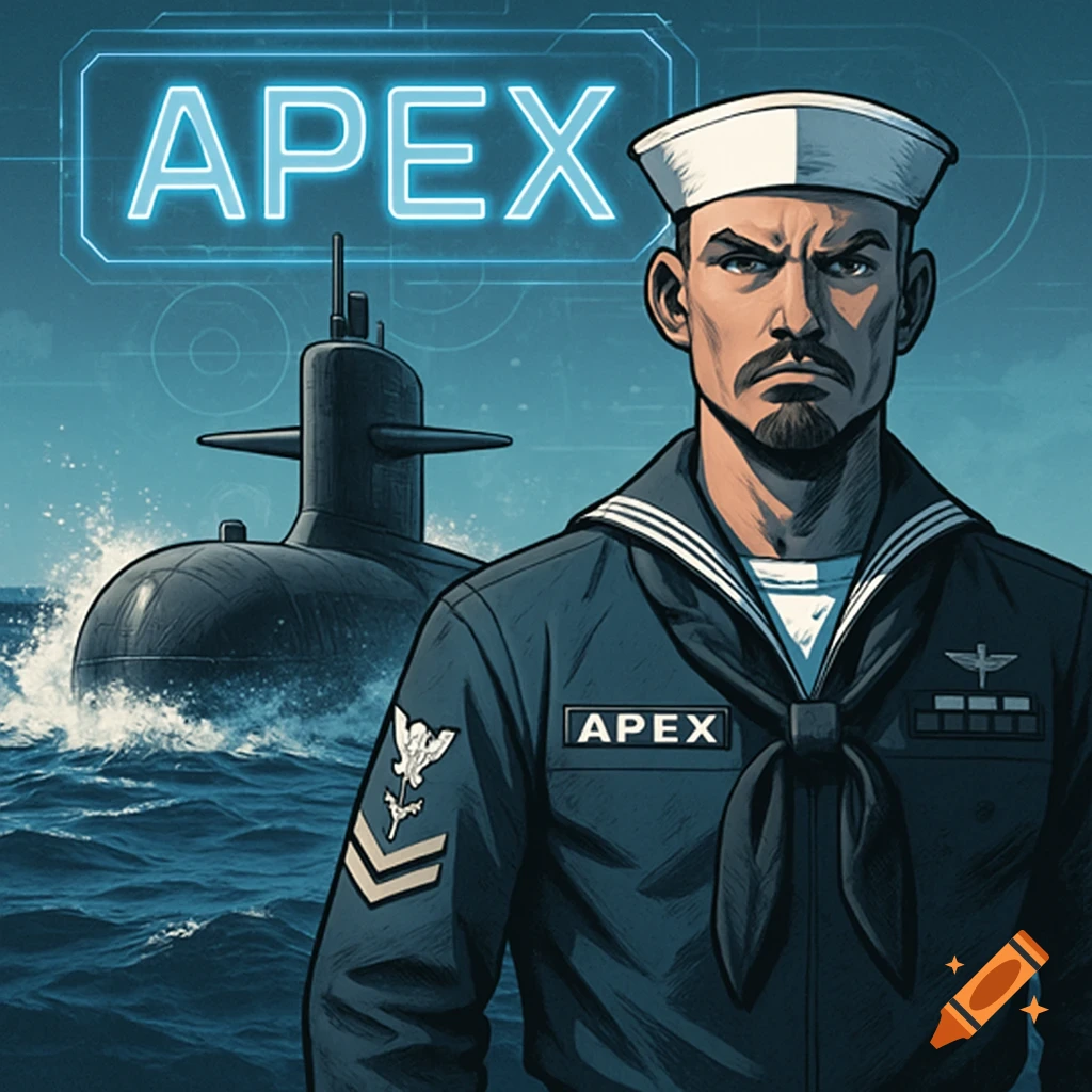 Illustration of a stern-looking navy sailor in uniform with a submarine behind him in the ocean, featuring the word APEX.