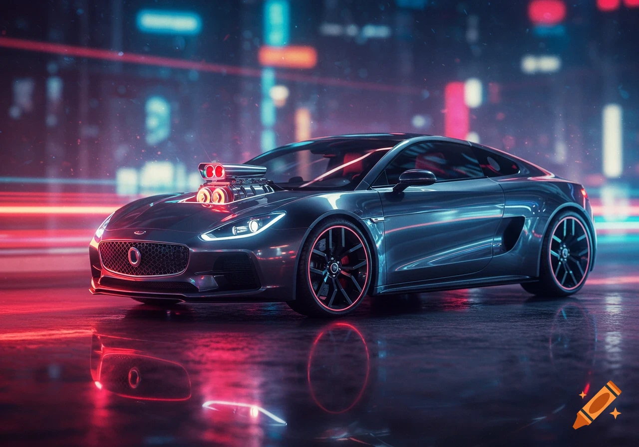 A sleek, dark sports car with an exposed engine on the hood, illuminated by vibrant neon red and blue lights on a wet, reflective street.