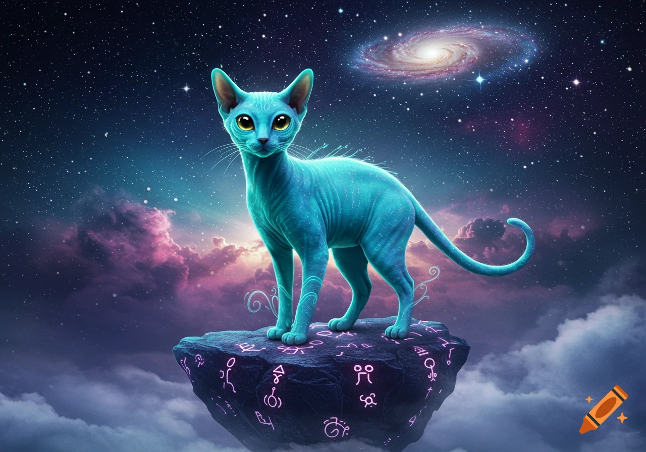 A glowing blue hairless alien cat with yellow eyes stands on a floating, glyph-covered rock amidst a starry space sky with purple nebulae and a galaxy.