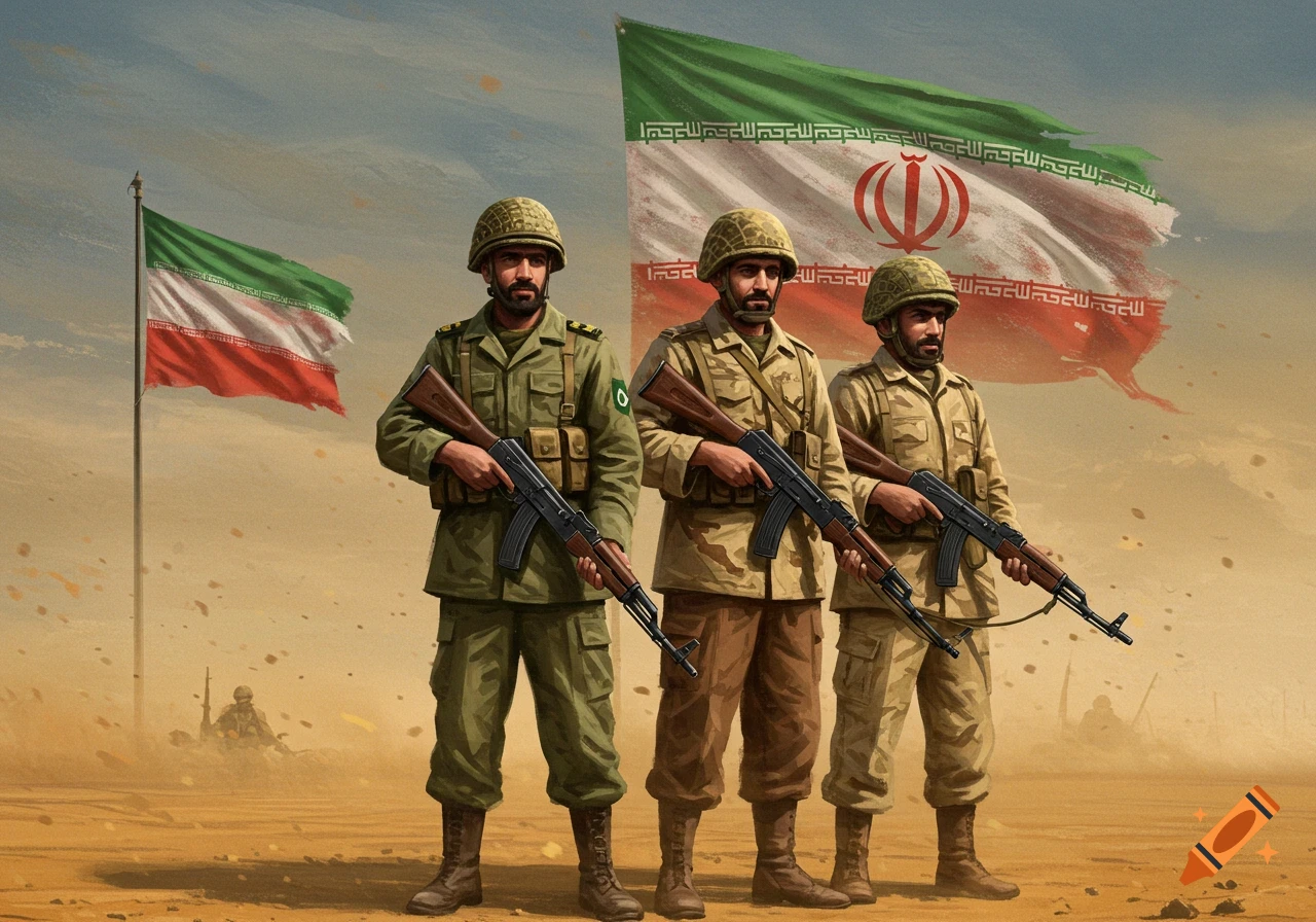 Three Iranian soldiers in military fatigues and helmets stand with Kalashnikov rifles in a desert, with Iranian flags waving behind them.