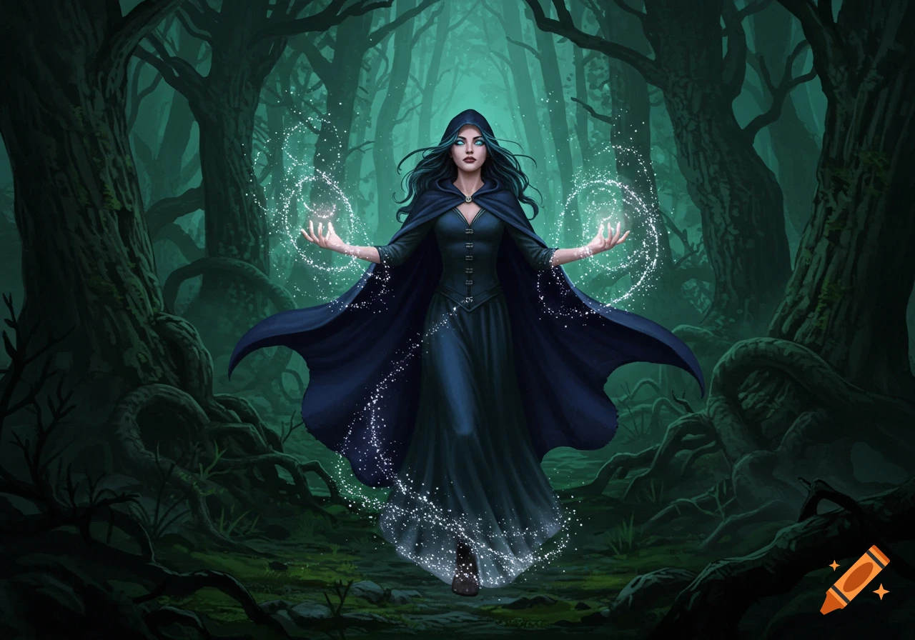 A dark-haired witch in a blue cloak casts a spell with glowing magic in a mystical, shadowy forest.