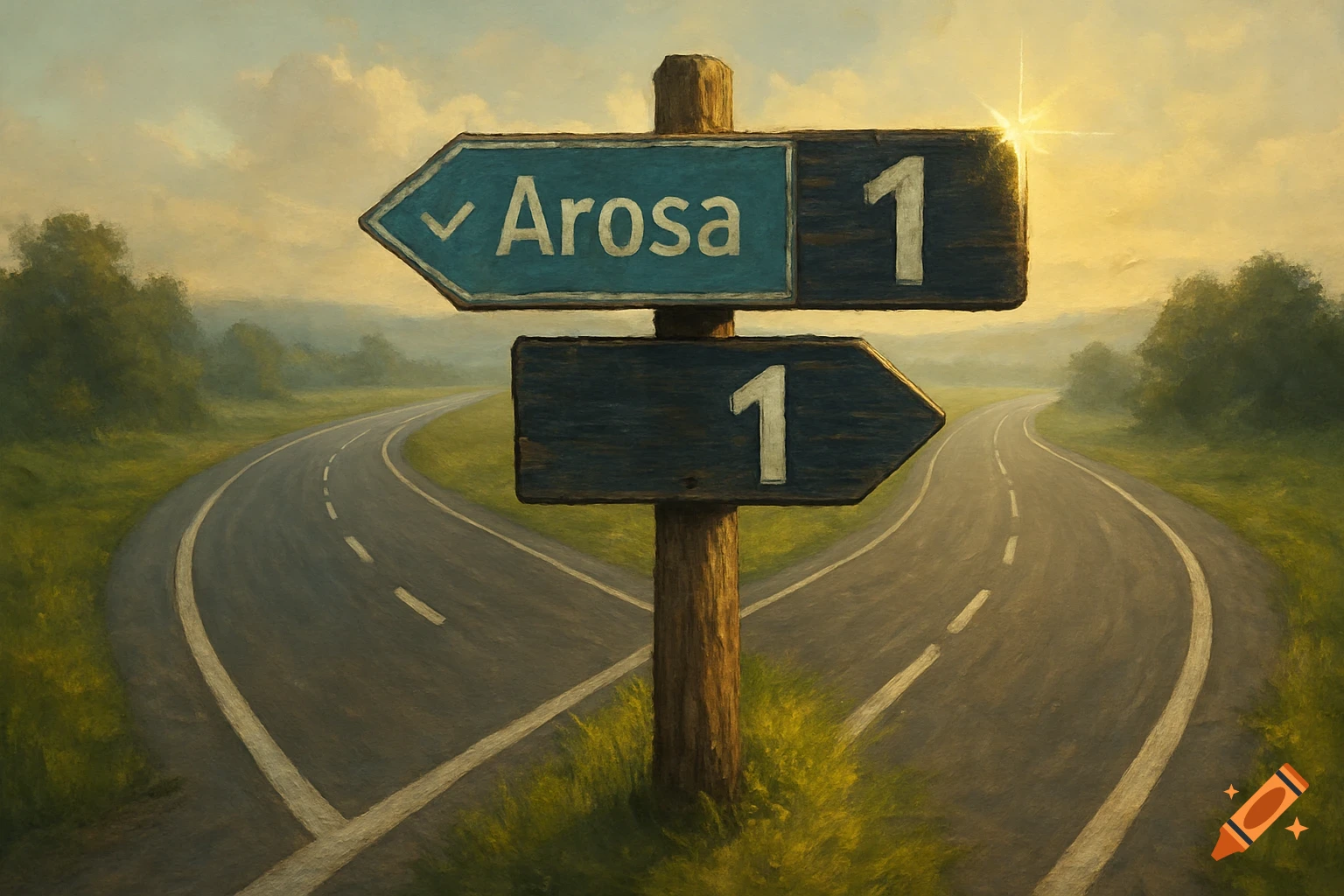 An oil painting of a fork in the road with a wooden signpost pointing left to "✓ Arosa 1" and right to "1".