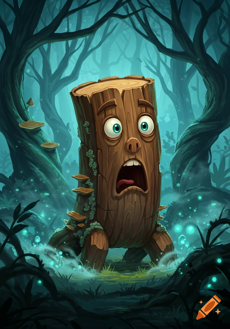 A scared, anthropomorphic tree stump with wide eyes and an open mouth stands in a dark, glowing forest.