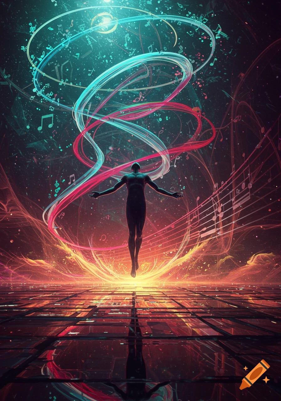 A silhouetted figure floats above a reflective, grid-like floor, surrounded by glowing red and blue light trails and scattered musical notes.