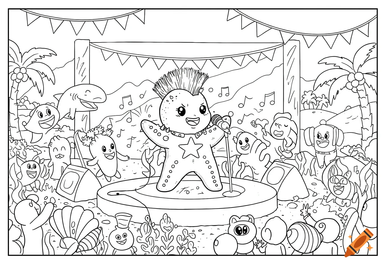 Black and white coloring book style illustration of a cute punk starfish singing at an underwater music festival with other happy sea creatures.