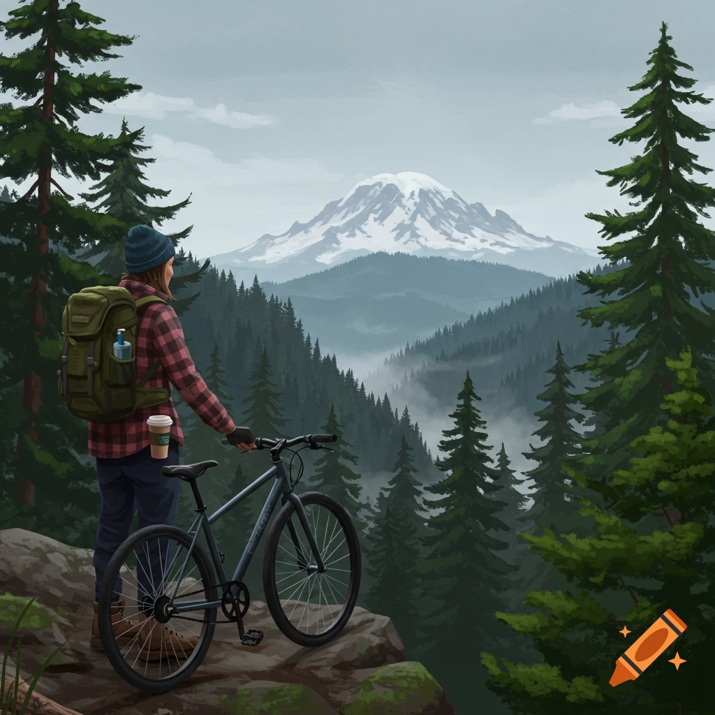 Illustration of a person with a backpack and bike on a rocky cliff, gazing at a vast, misty forest and a snow-capped mountain.