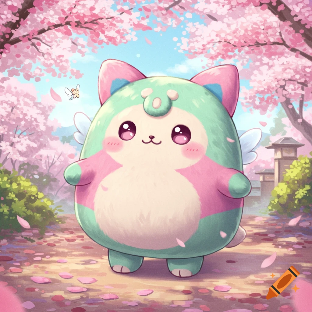 A cute, pastel-colored, winged creature stands in a path covered with pink cherry blossom petals, under blooming sakura trees.