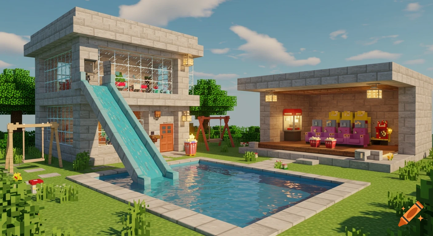 A blocky Minecraft-style house with a water slide leading into a pool, a garden with a swing set, and an outdoor cinema room.