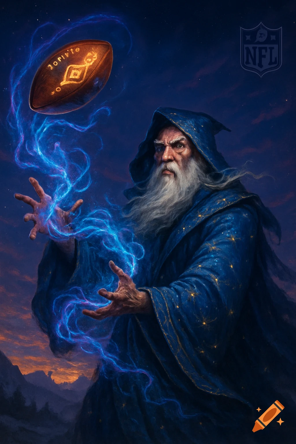 A wizard in a blue robe with a long white beard casts a spell on a floating American football, glowing with blue energy, with an NFL logo.