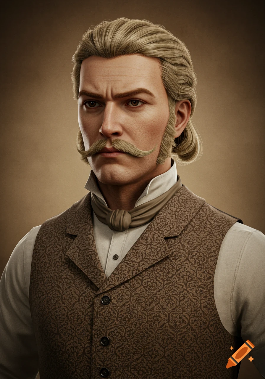 Photorealistic portrait of a frowning man with blond hair and a mustache, wearing 1840s period clothing.