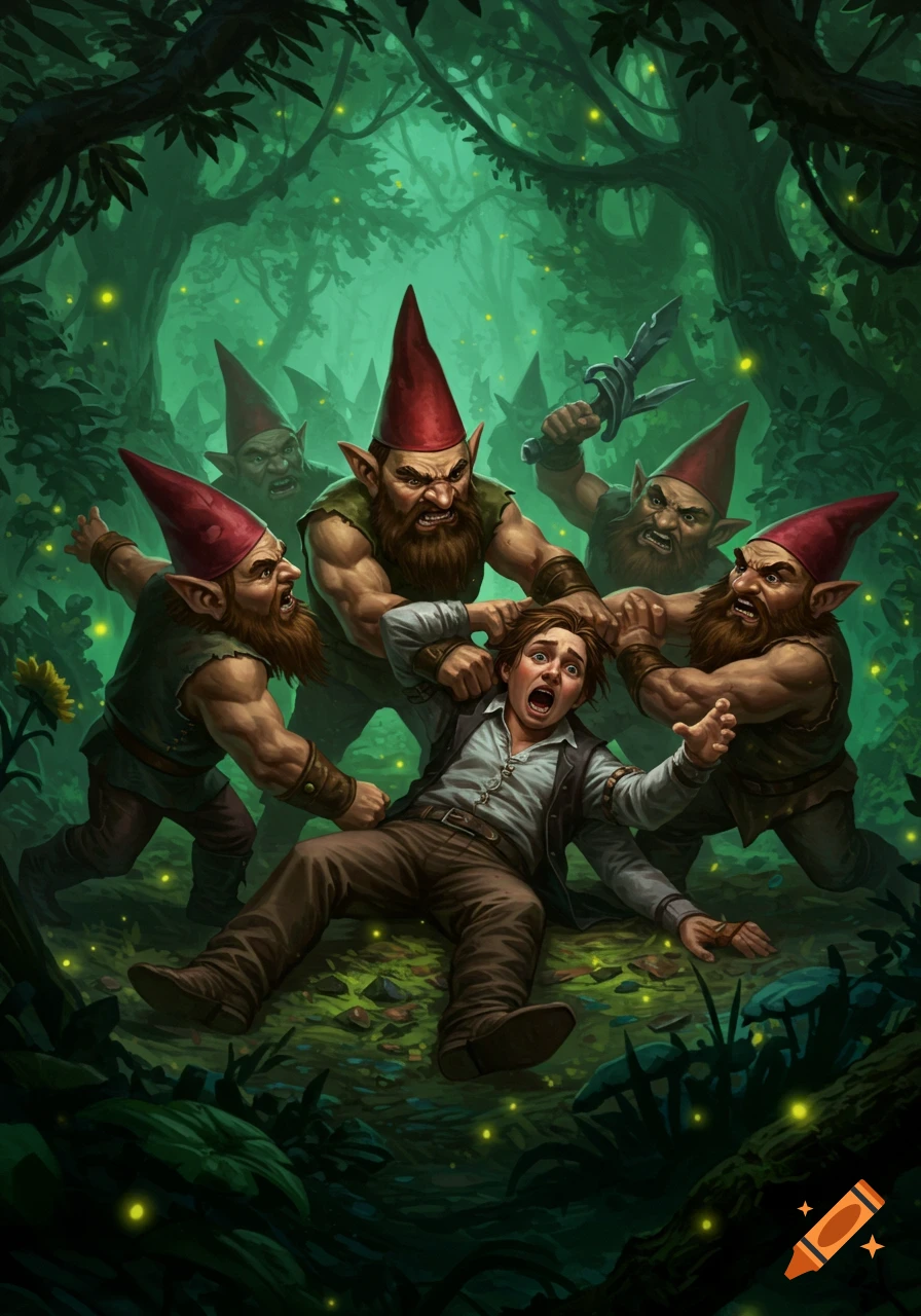 An illustration of angry gnomes pinning down a fearful human man on the forest floor, surrounded by glowing plants.