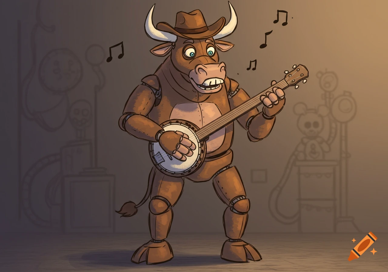 A cartoon animatronic bull wearing a cowboy hat, playing a banjo with music notes floating above.