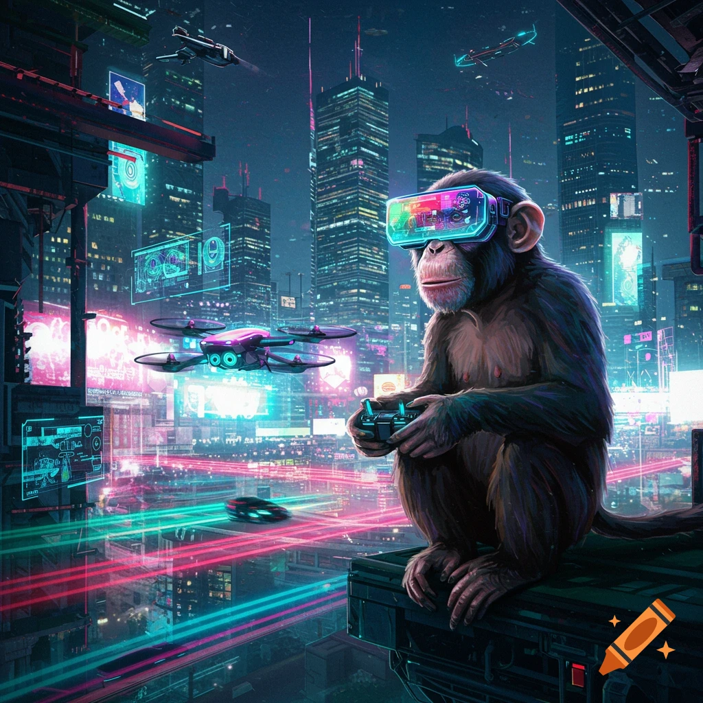 A monkey wearing glowing VR goggles operates a drone controller in a neon-lit cyberpunk city at night.