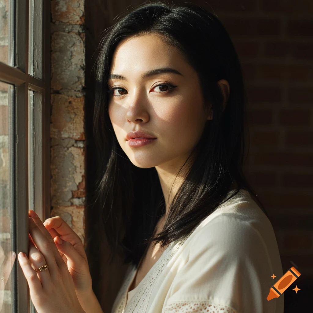 A young Asian woman with dark hair looks thoughtfully out a window, sunlight illuminating her face.