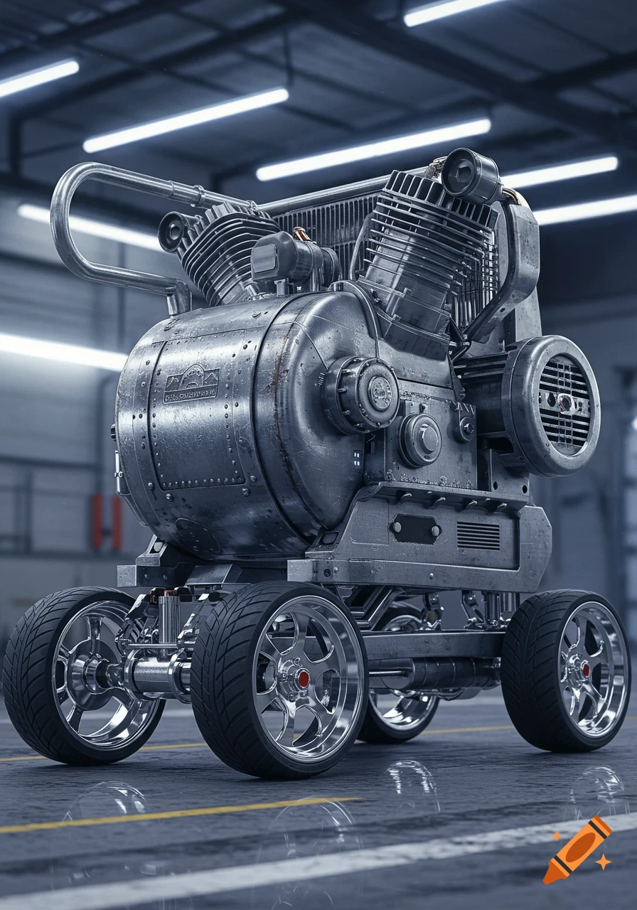 A photorealistic piston air compressor with chrome mag wheels in an industrial setting.